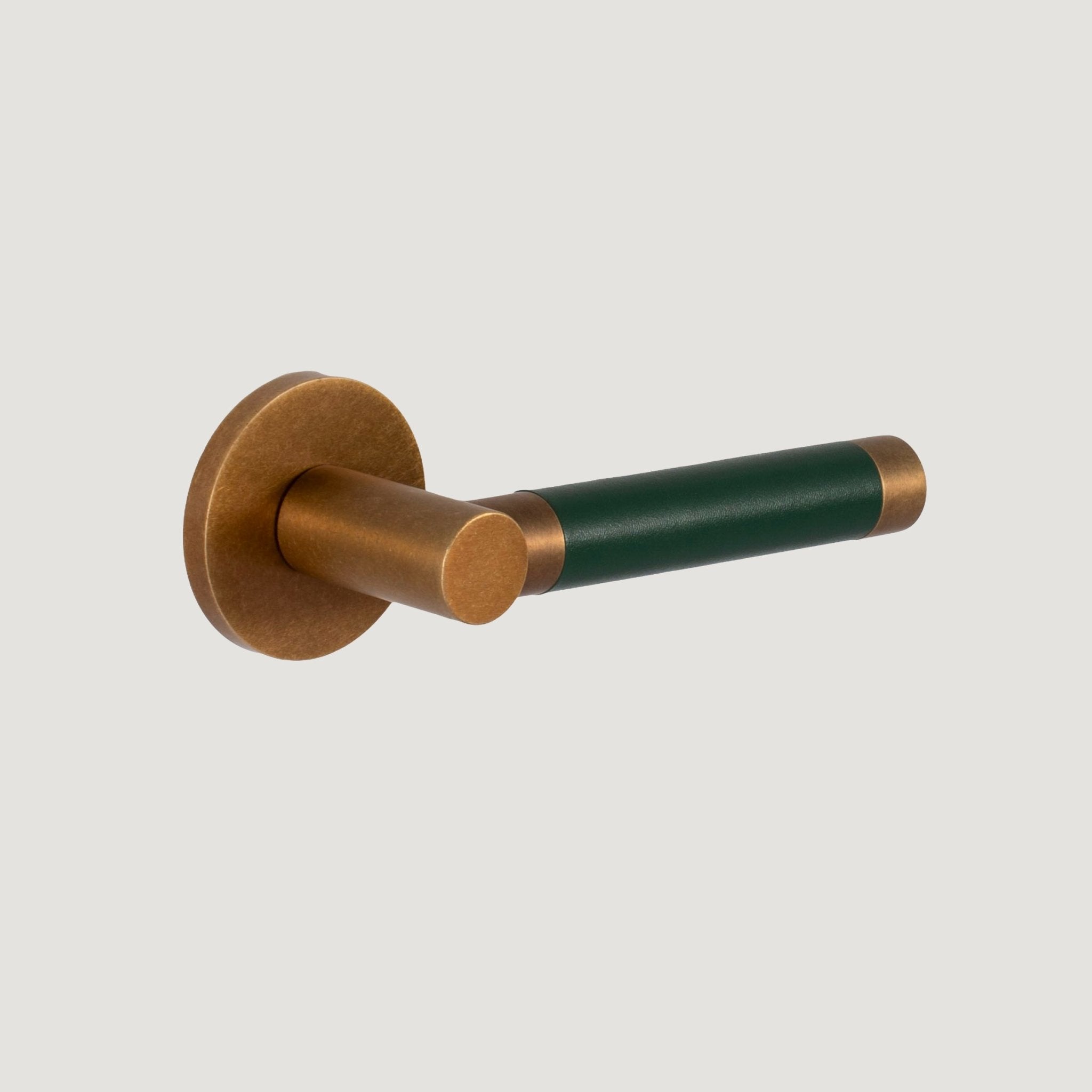 Solid Aged Brass & Green Leather Door Lever – Cavallo Piatto Collection - Bergamo Design
