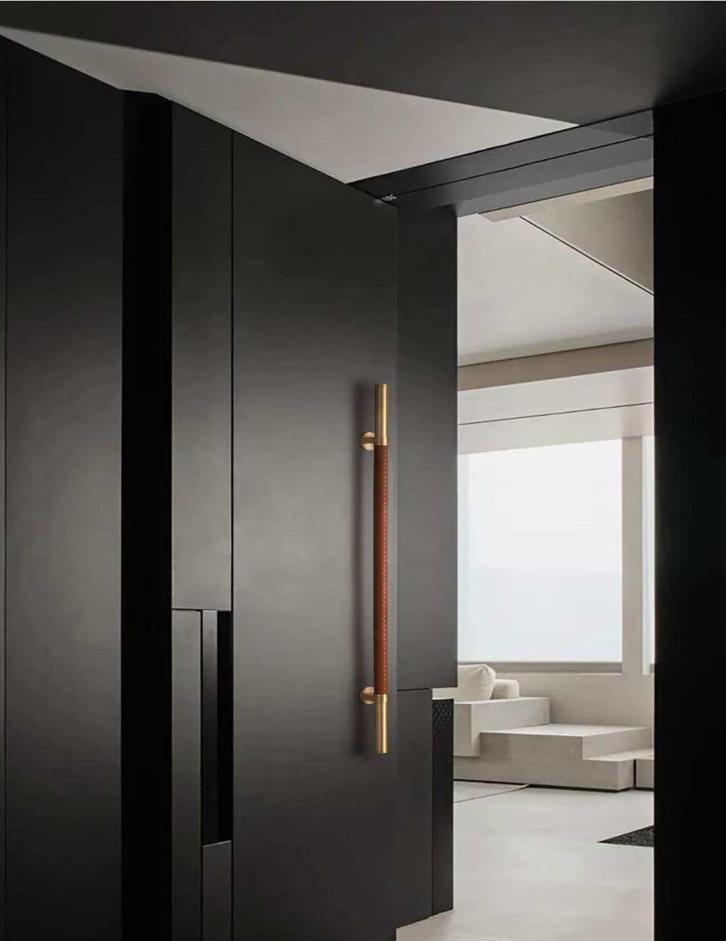 Reddish-brown textured grip pull handle with brass-coloured ends mounted on a dark entry door.