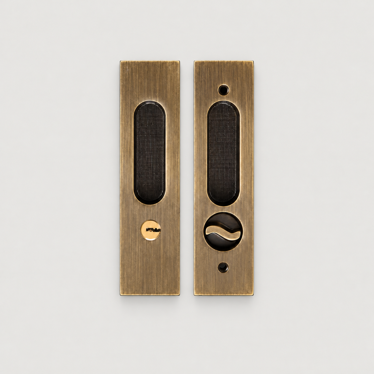 Bergamo Design antique brass privacy cavity pull pair with key cylinder and thumbturn