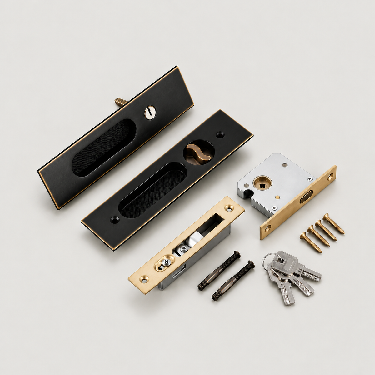Bergamo Design black brass privacy cavity pull kit with lock, fixings and keys