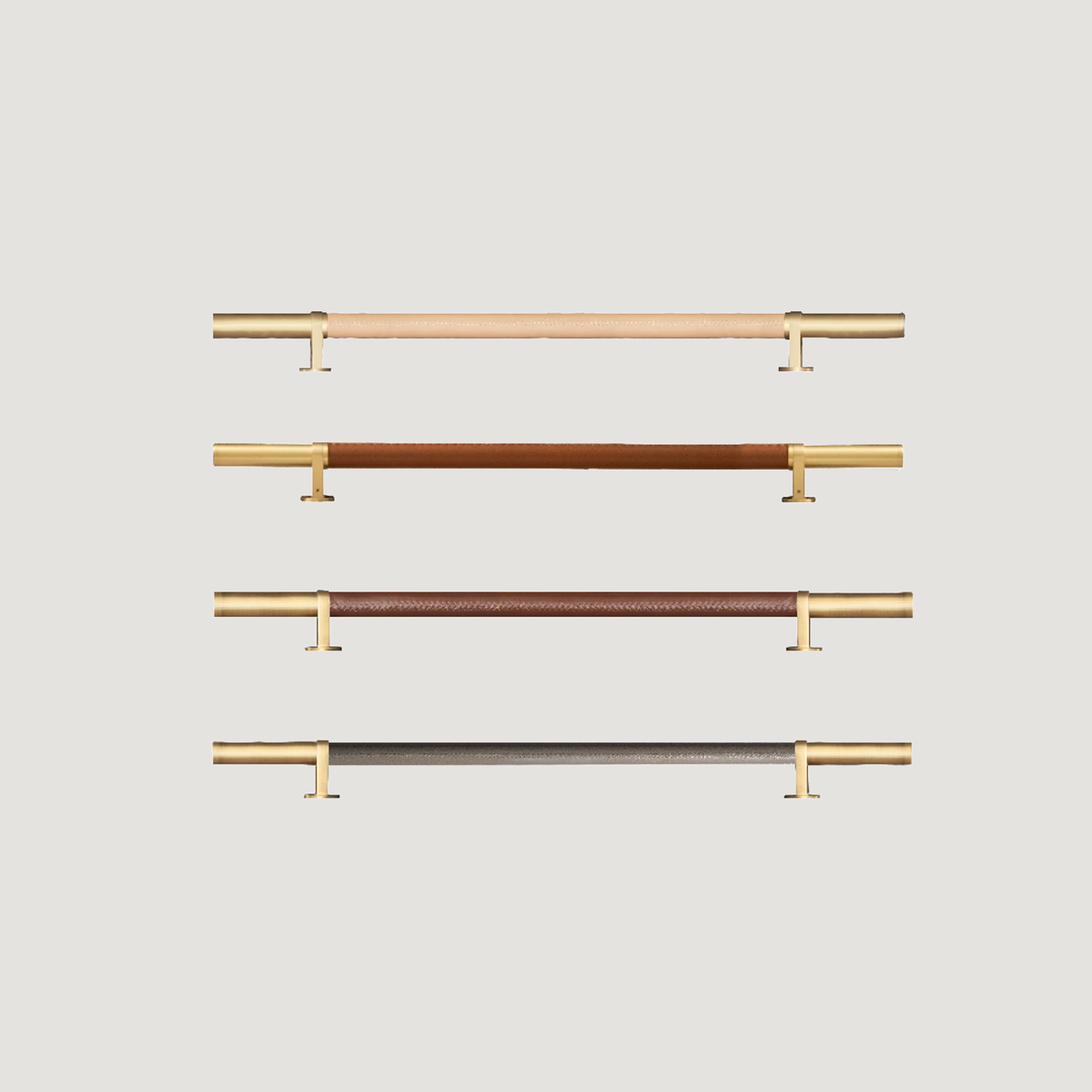 Four 1000 mm front door pull handle colour treatments with brass-coloured ends, arranged in horizontal rows on a warm grey background.