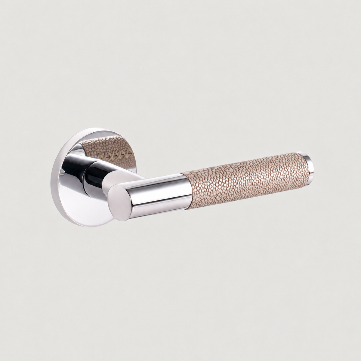 Cavallo door lever with polished nickel finish and grey lychee leather grip