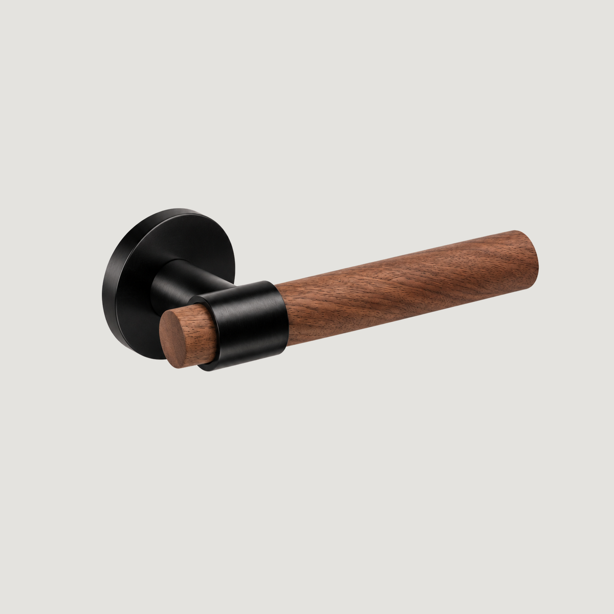 Legno walnut and Black door lever, horizontal angled view — Bergamo Design