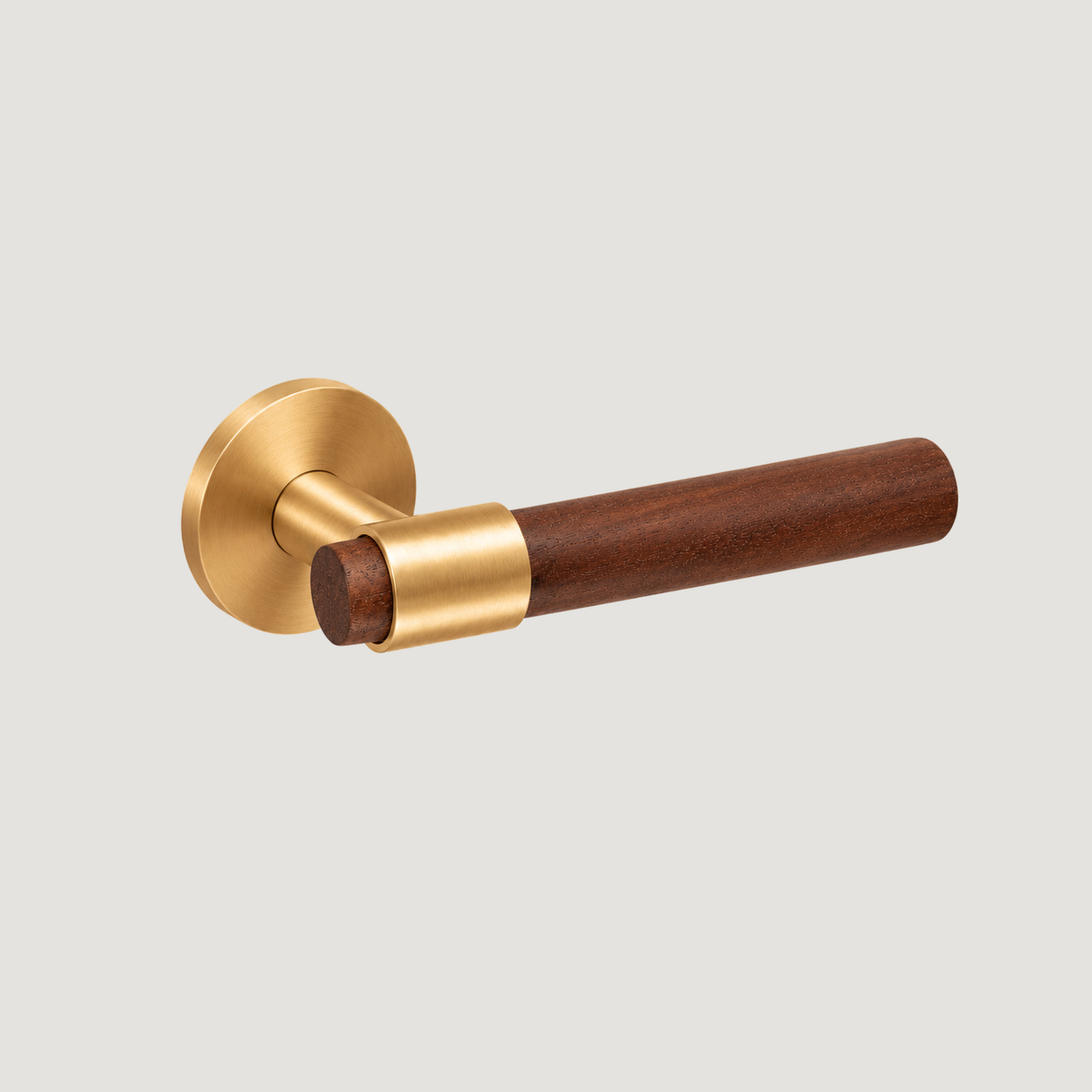 Legno walnut and Brushed Brass door lever, horizontal angled view — Bergamo Design