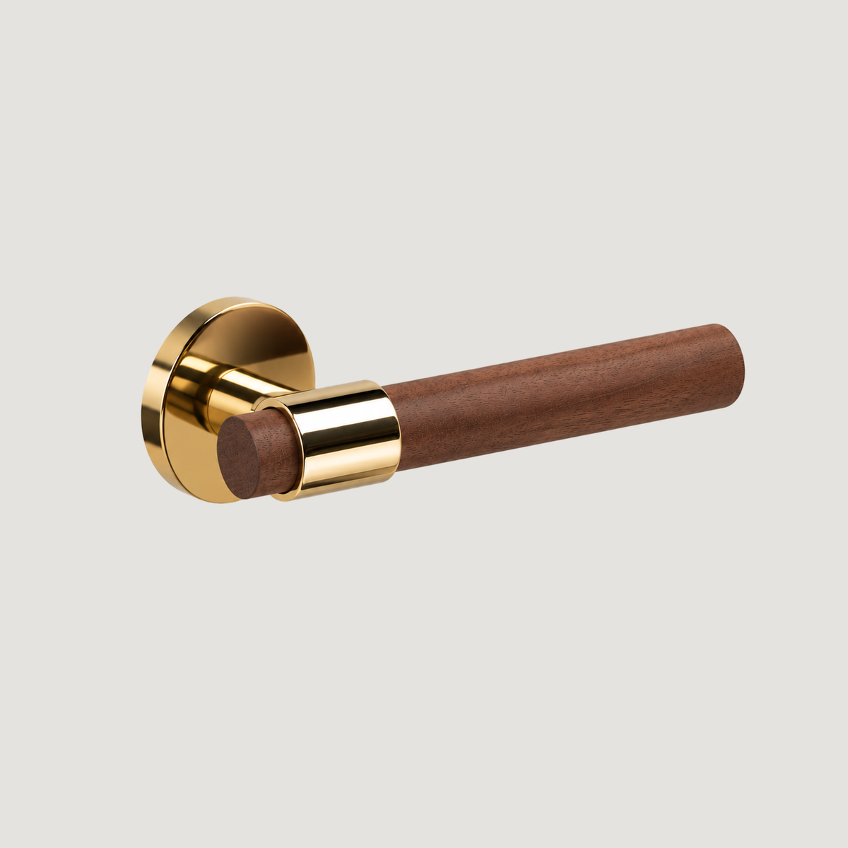 Legno walnut and Polished Brass door lever, horizontal angled view — Bergamo Design