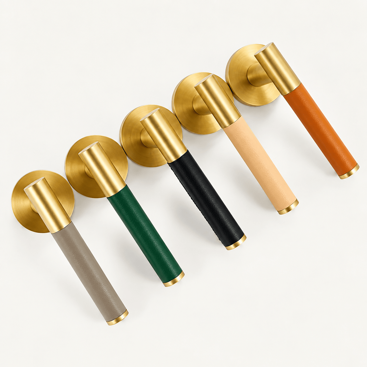 Solid Brushed Brass & Black Leather Door Lever – Cavallo Collection - Bergamo Design