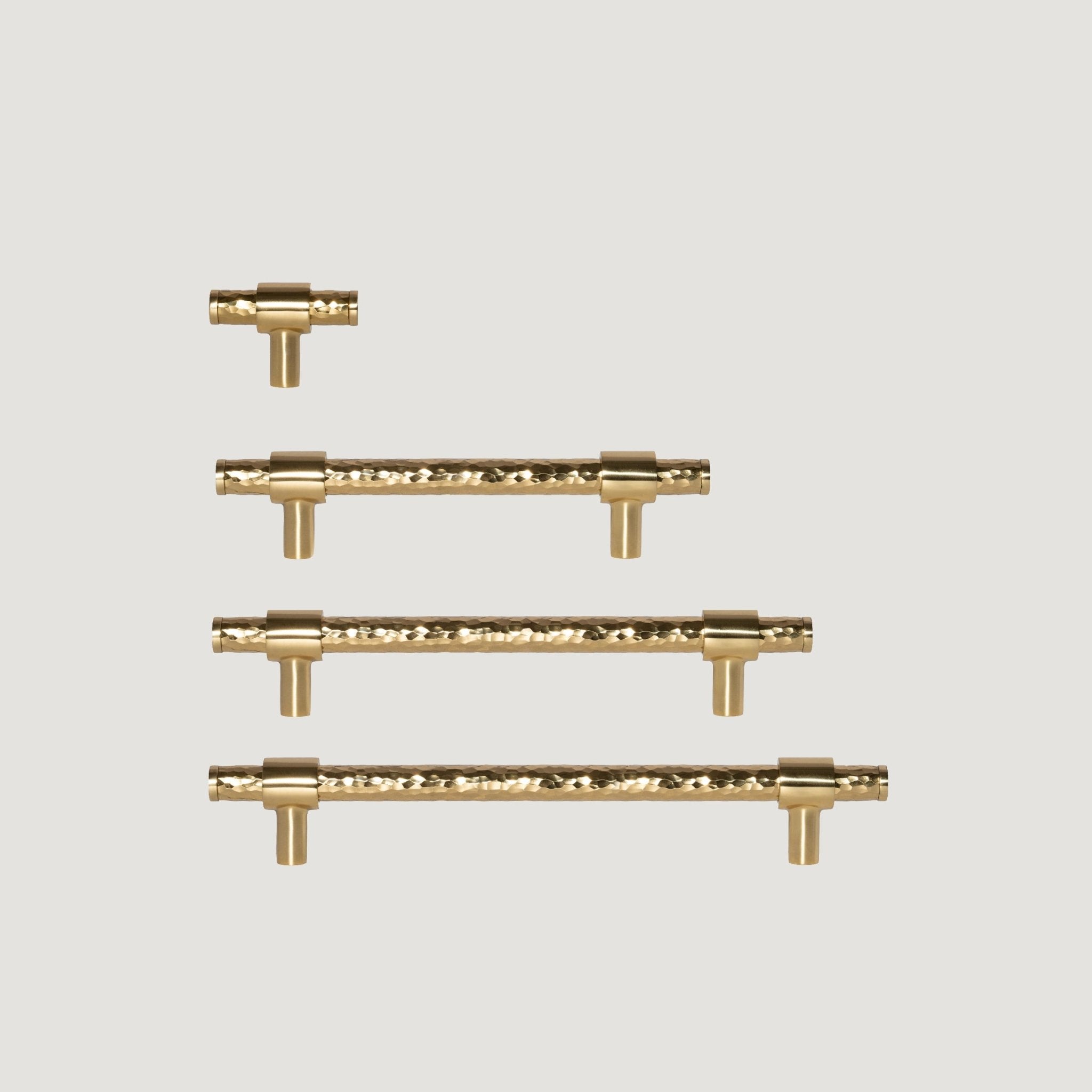 Martello solid brass cabinet handle with hand-hammered bar and polished end-caps, Polished Brass, Bergamo Design