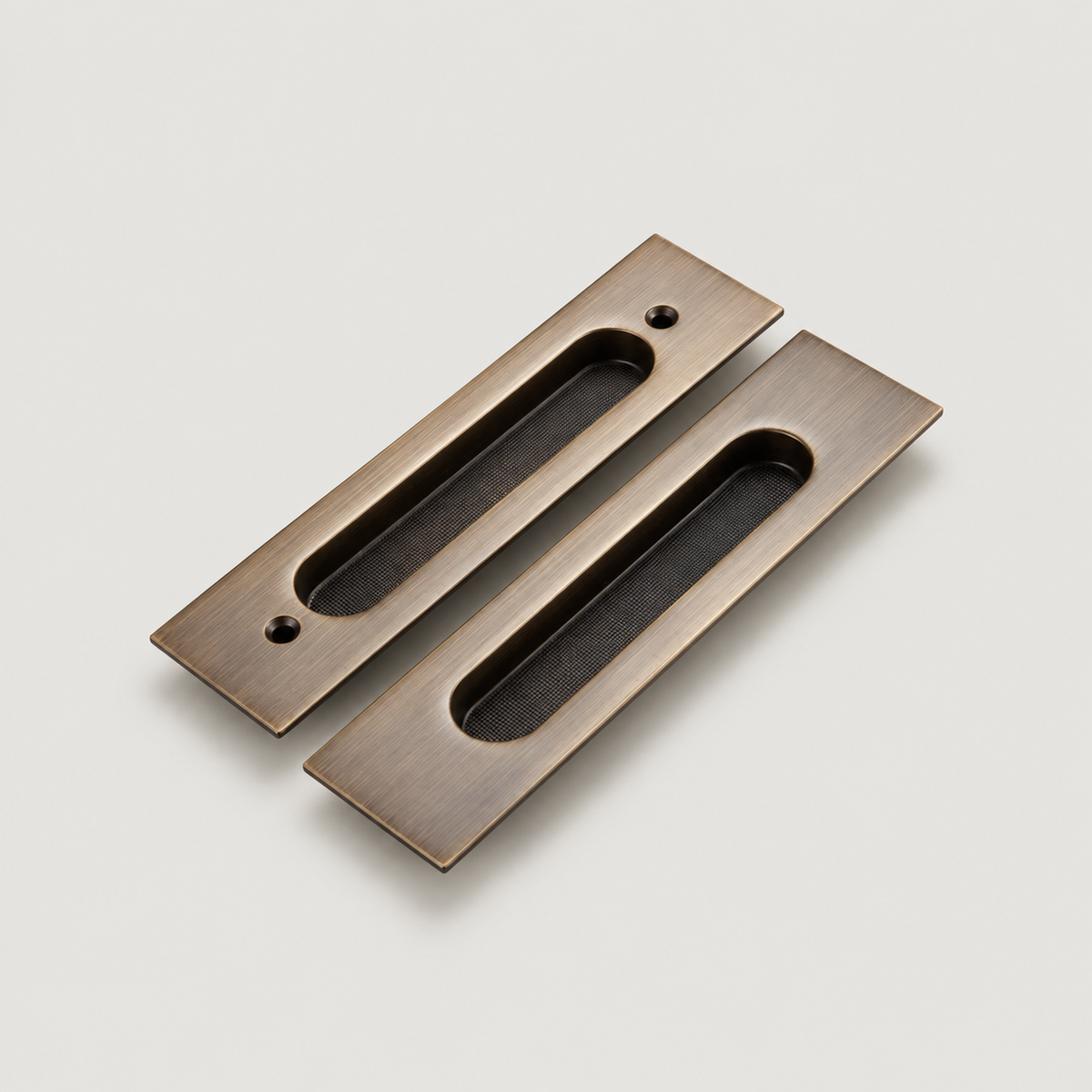Bergamo Design antique brass cavity pull pair, angled view