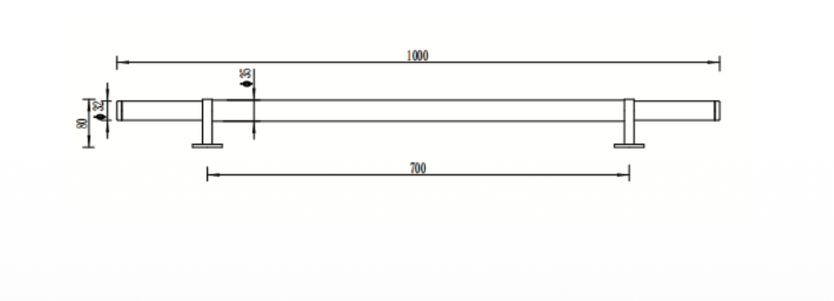 Front door pull handle drawing showing 1000 mm overall length and 700 mm fixing centres.