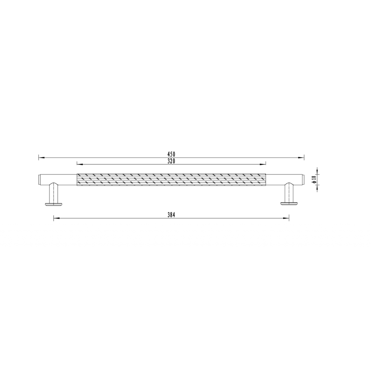 Legno wood front door pull handle dimensions: 450 mm overall length, 384 mm fixing centres, 320 mm wood grip and 18 mm bar diameter.