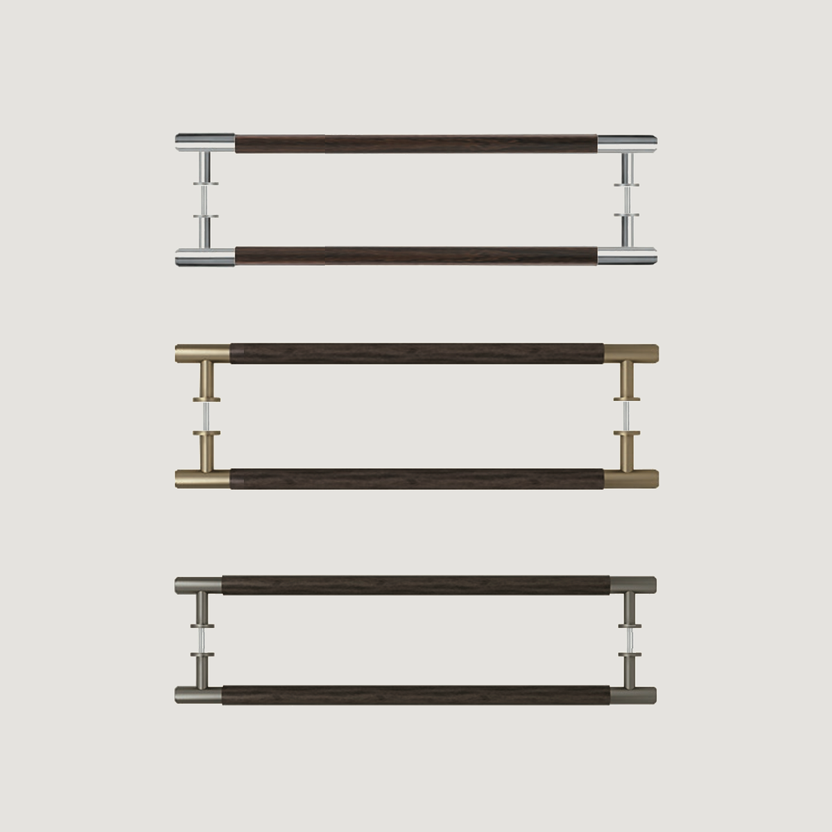 Three metal-finish treatments of a 450 mm pull with dark wood-grain grip, shown as back-to-back assemblies on a warm grey background.