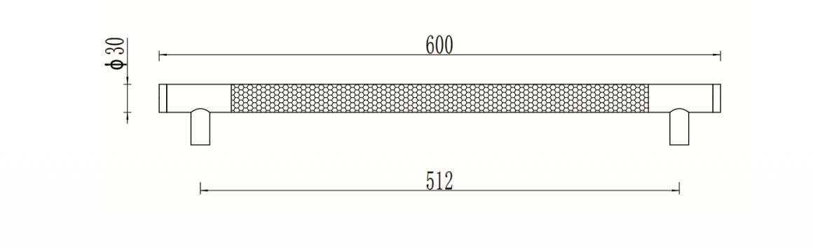 Martello pull handle technical drawing: 600 mm overall length, 512 mm fixing centres and 30 mm diameter.