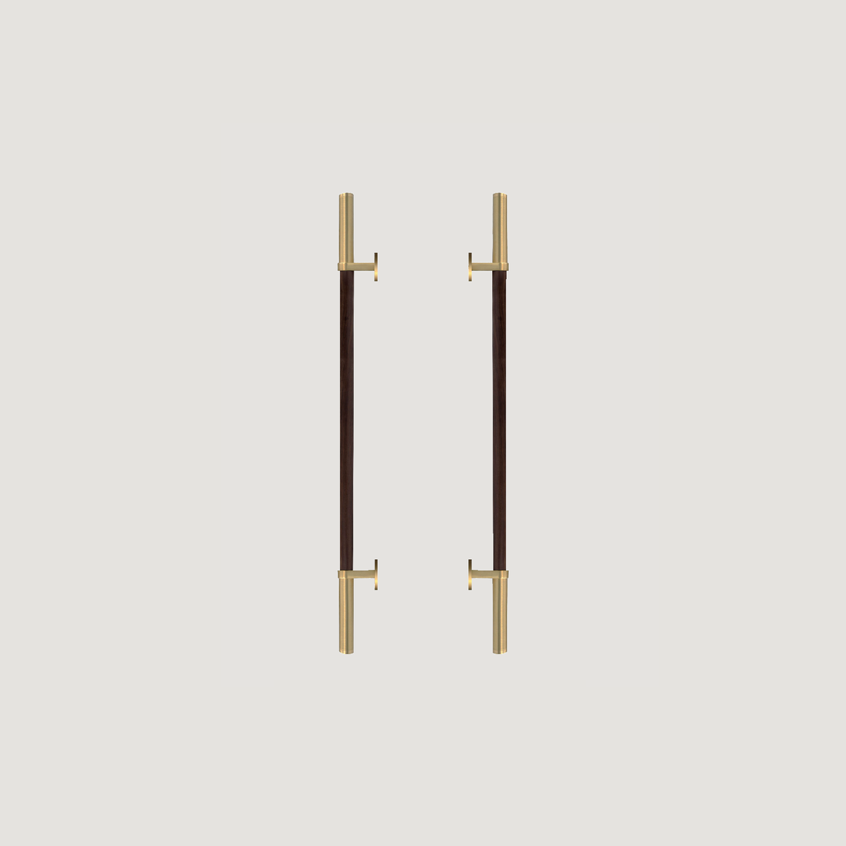 Two long front door pull handles with dark timber-toned grips and brass-coloured ends on a warm grey background.