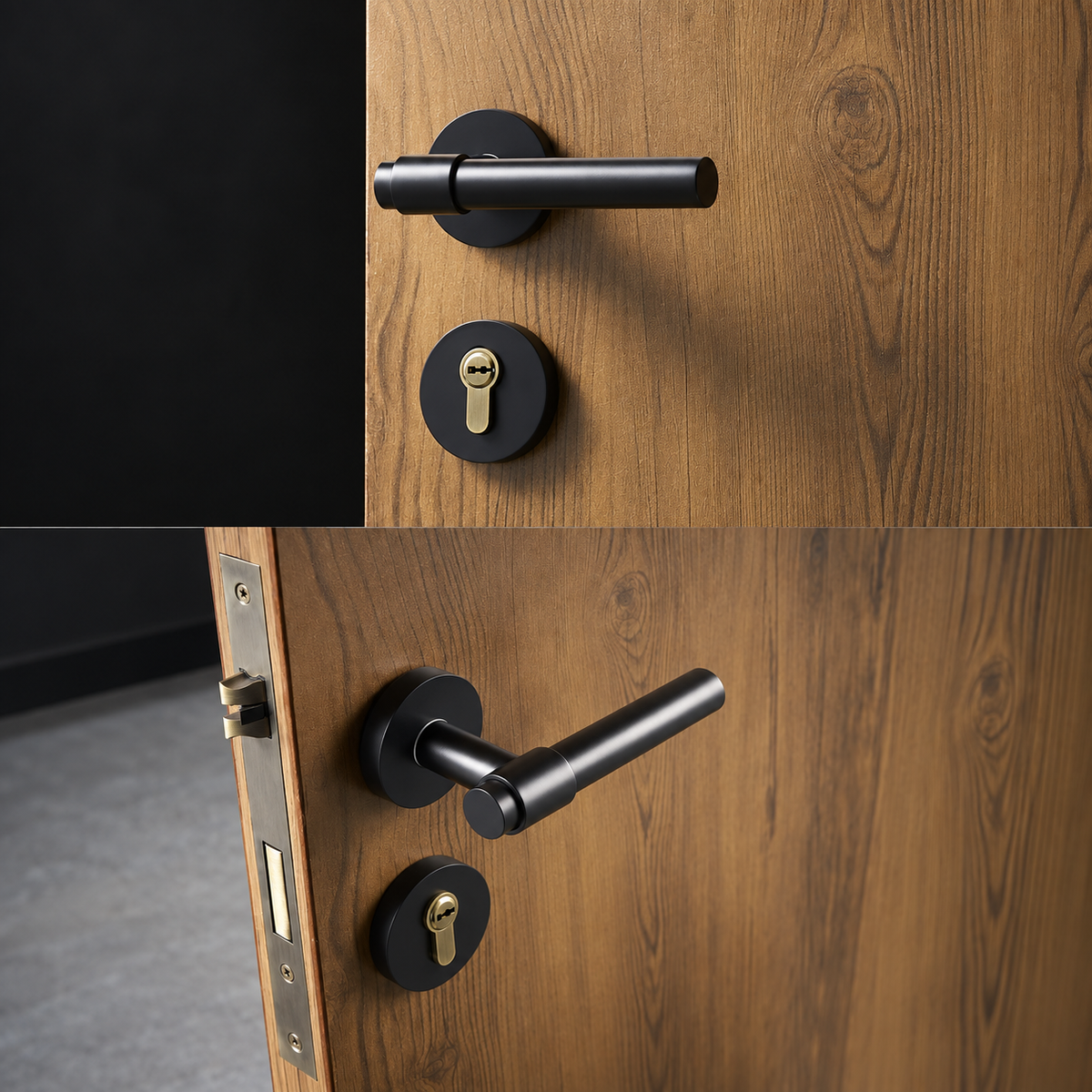 Duale black cylindrical door lever and round escutcheon installed on a timber door, shown from two angles