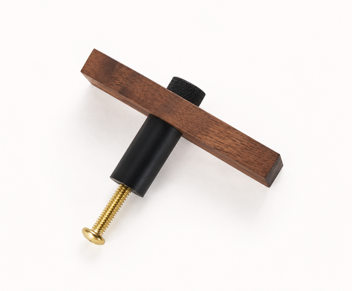 Legno Retto wood single-screw cabinet knob with Black Brass knurled cap and mounting hardware