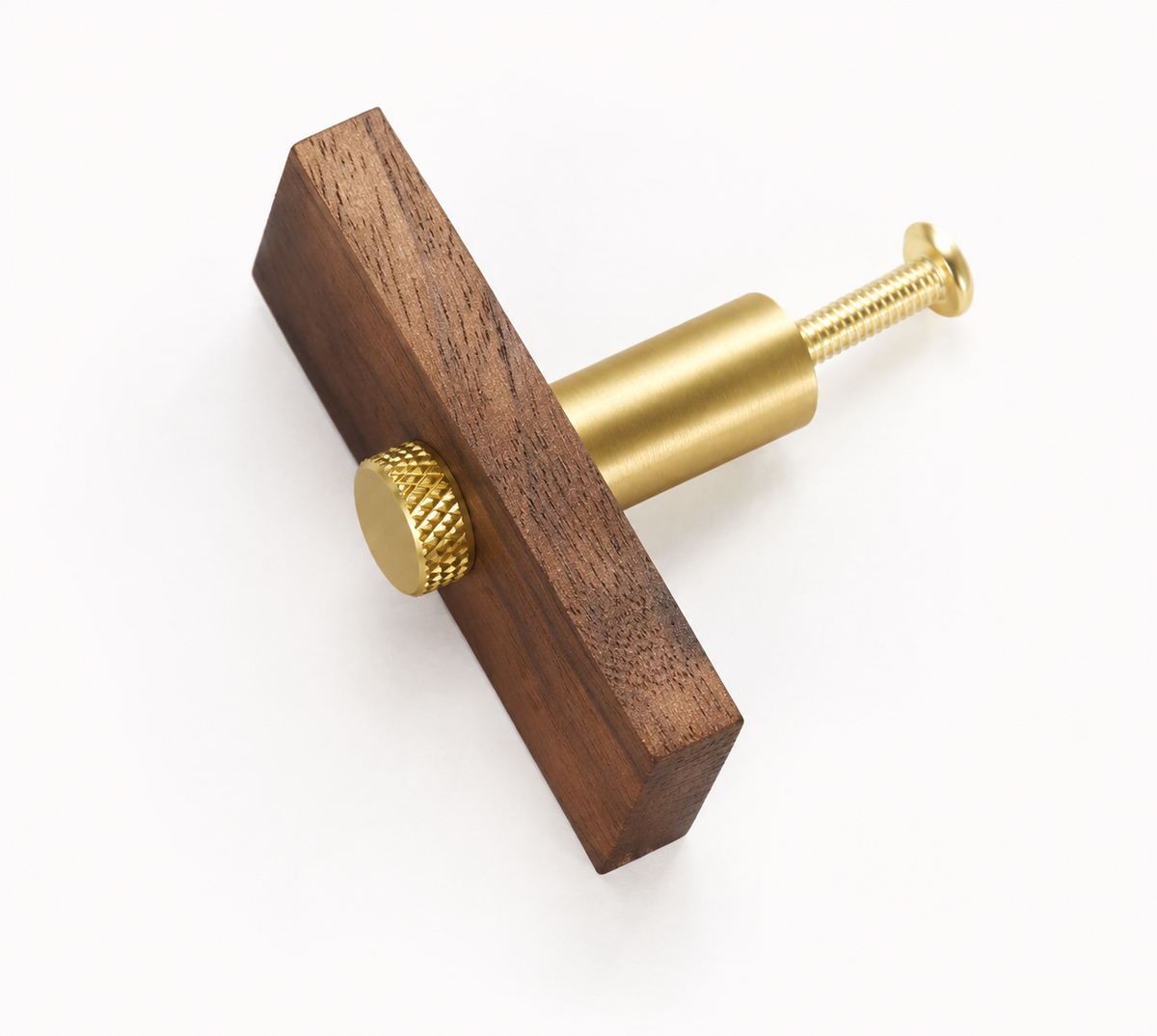 Legno Retto wood single-screw cabinet knob with Brushed Brass knurled cap and mounting hardware