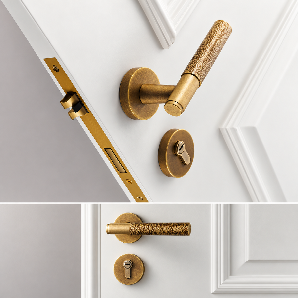 Aged Brass Martello hammered door lever and lock installed on a white panelled door — Bergamo Design