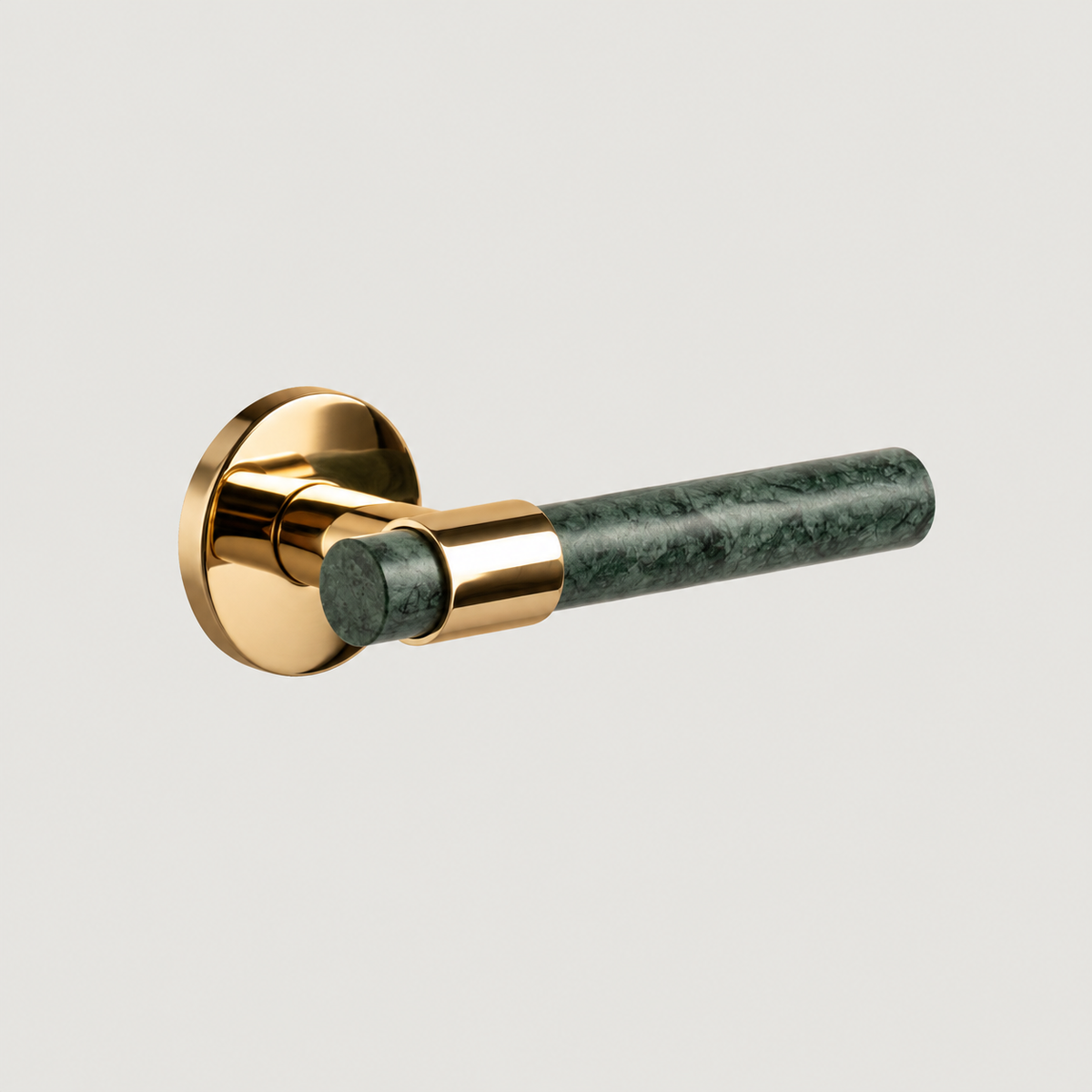 Pietra solid brass and green marble door lever with Polished Brass frame, horizontal view, Bergamo Design