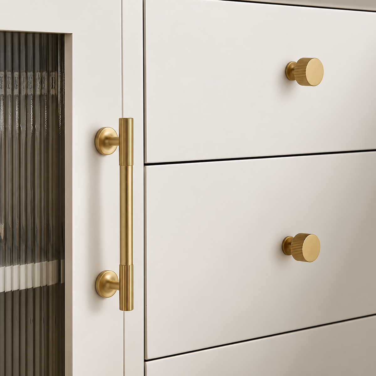 Rigato Brushed Brass handle and knobs installed