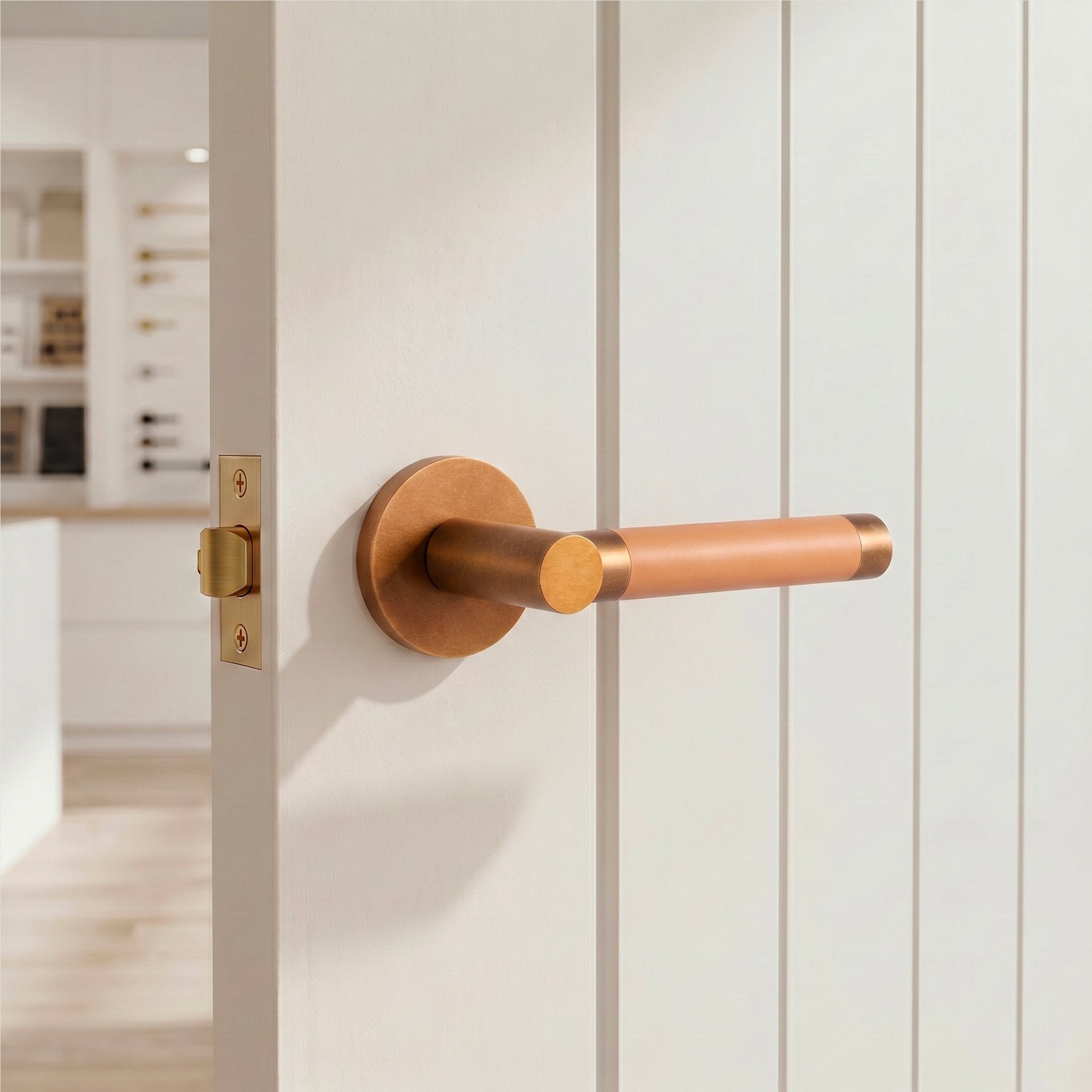 Solid Aged Brass & Beige Leather Door Lever – Cavallo Piatto Collection - Bergamo Design