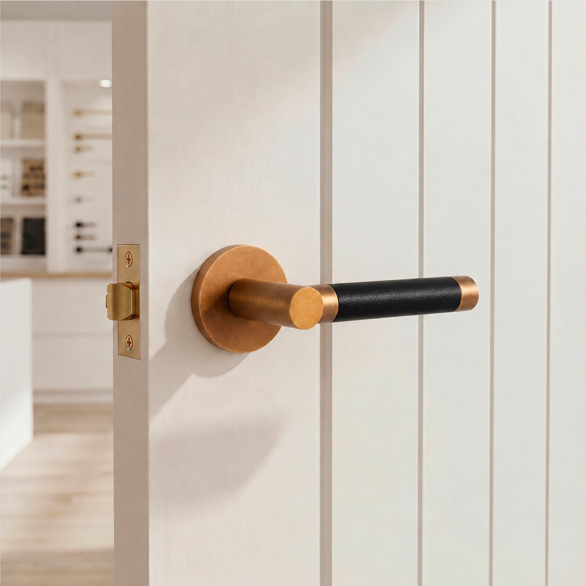 Solid Aged Brass & Black Leather Door Lever – Cavallo Piatto Collection - Bergamo Design