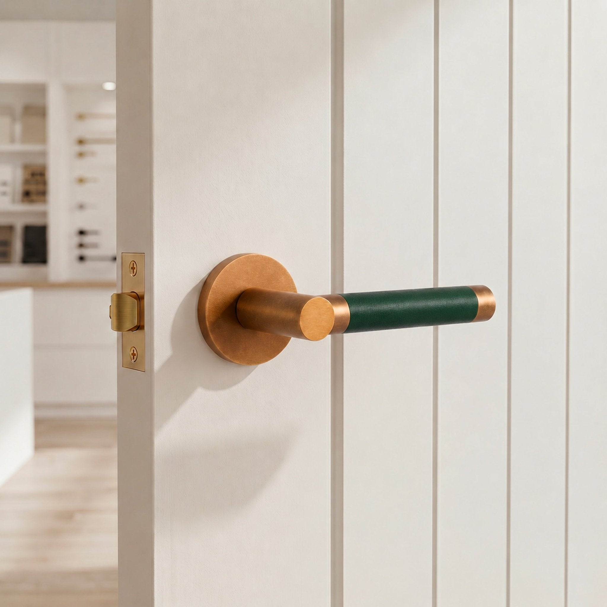 Solid Aged Brass & Green Leather Door Lever – Cavallo Piatto Collection - Bergamo Design