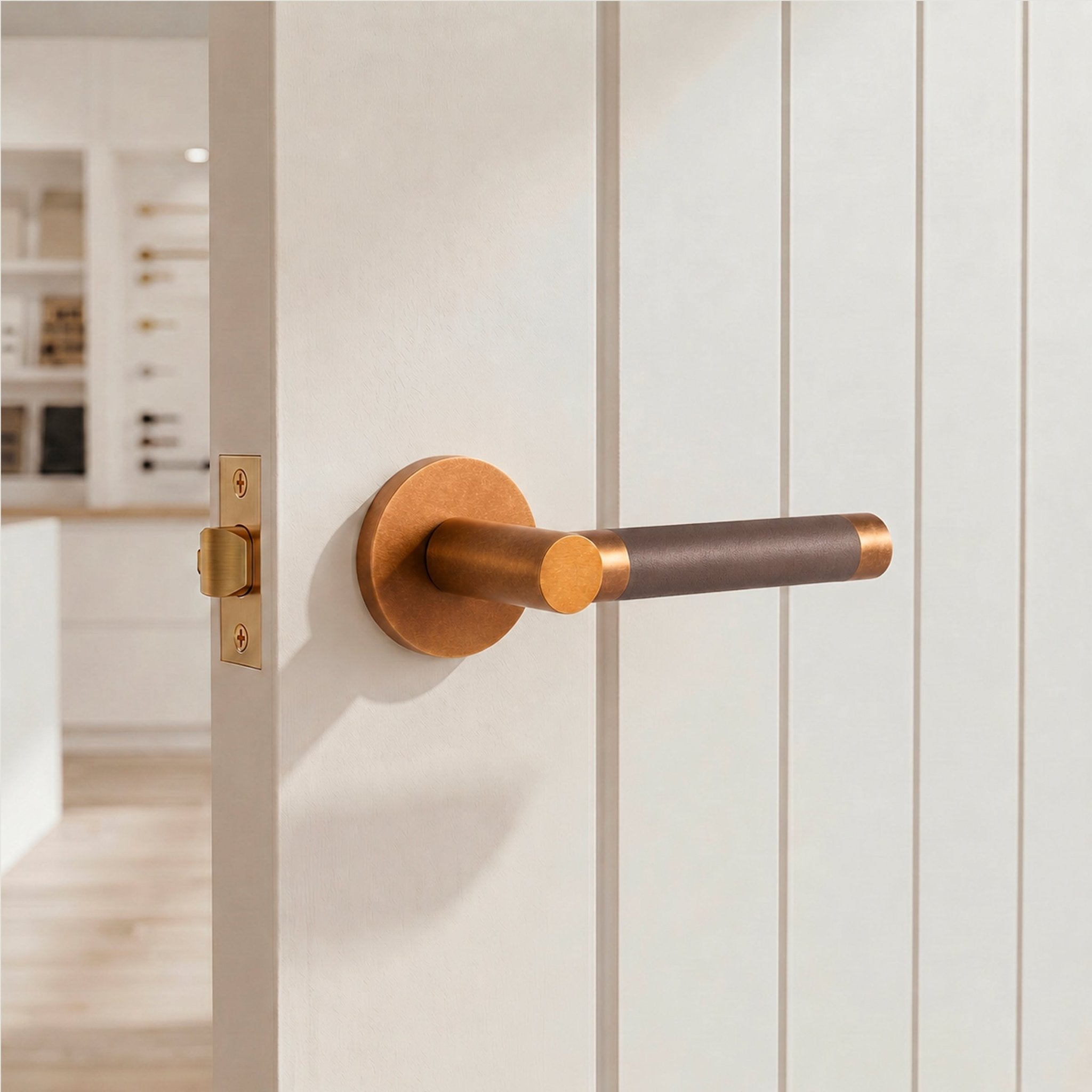 Solid Aged Brass & Grey Leather Door Lever – Cavallo Piatto Collection - Bergamo Design