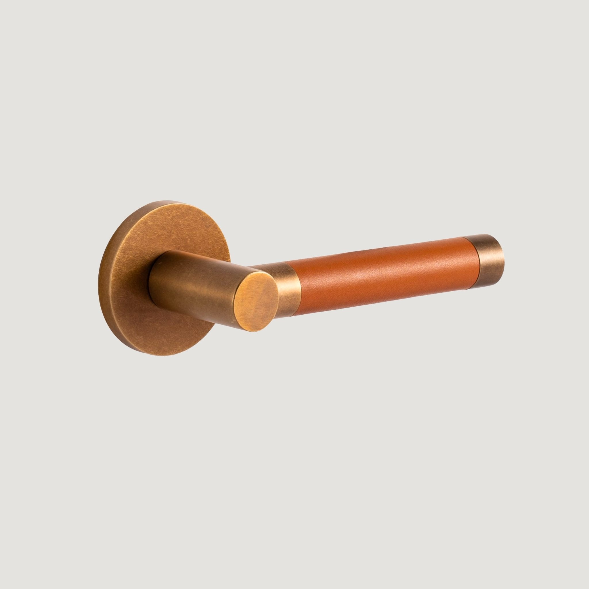 Solid Aged Brass & Orange Leather Door Lever – Cavallo Piatto Collection - Bergamo Design