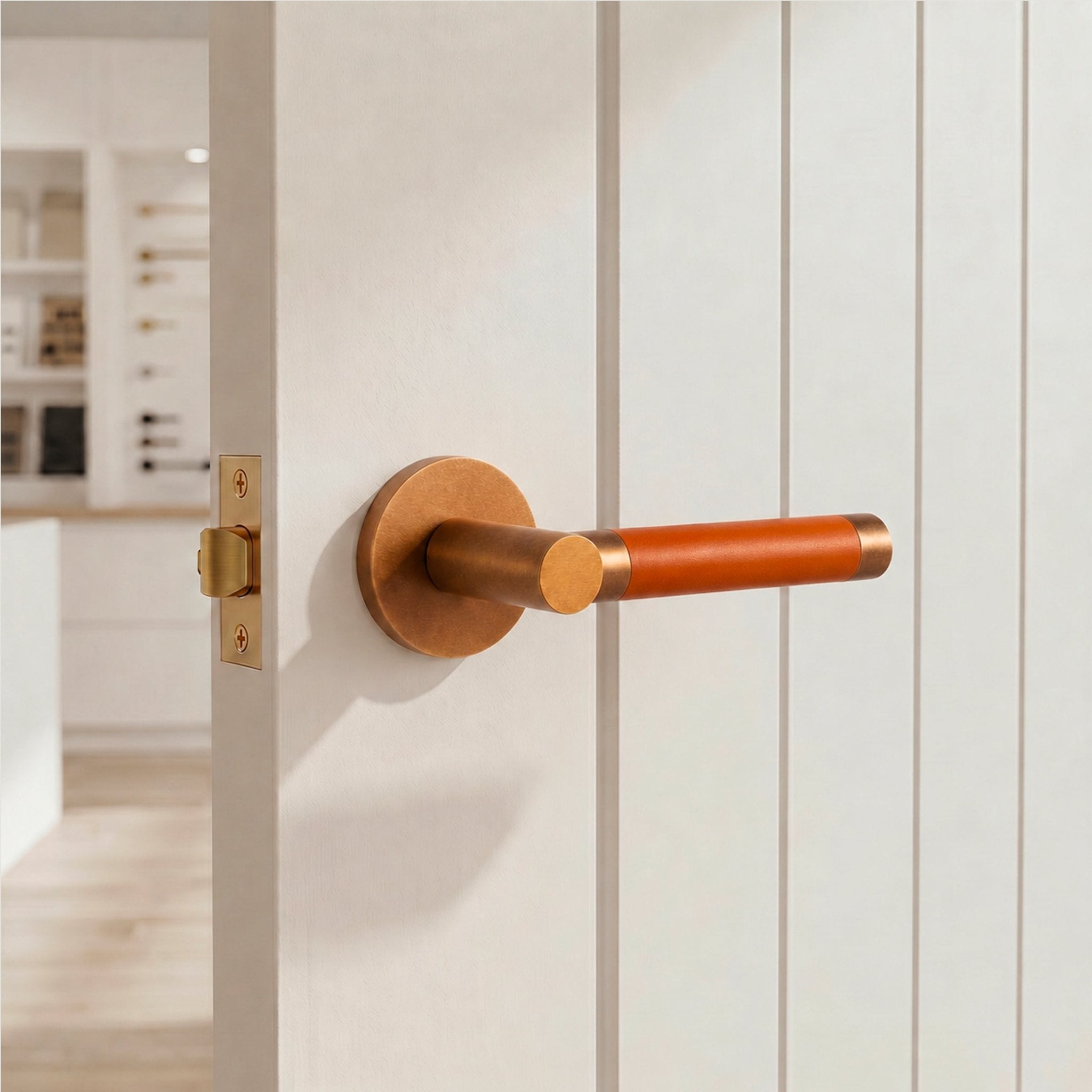 Solid Aged Brass & Orange Leather Door Lever – Cavallo Piatto Collection - Bergamo Design