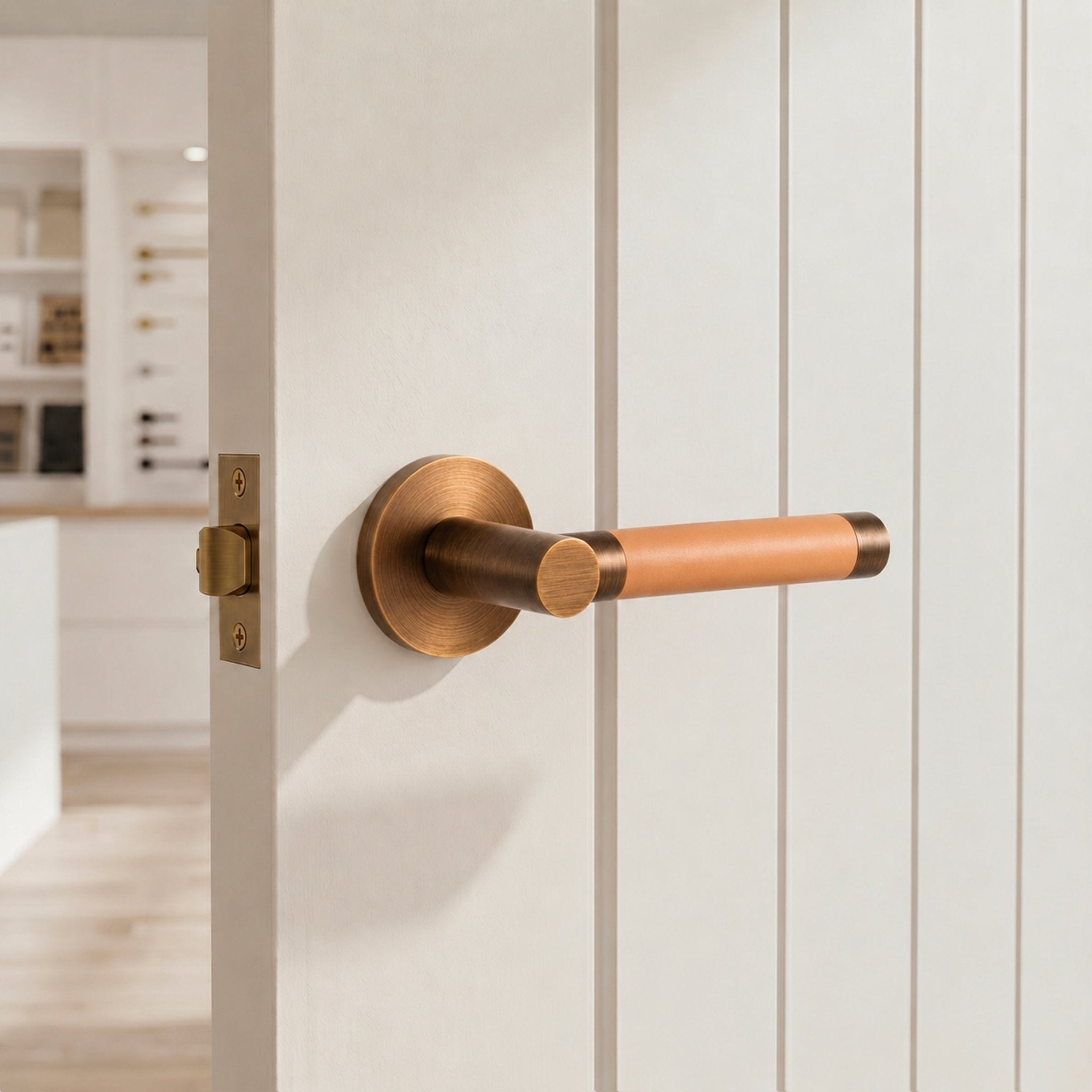 Solid Antique Brass & Beige Leather Door Lever – Cavallo Piatto Collection - Bergamo Design
