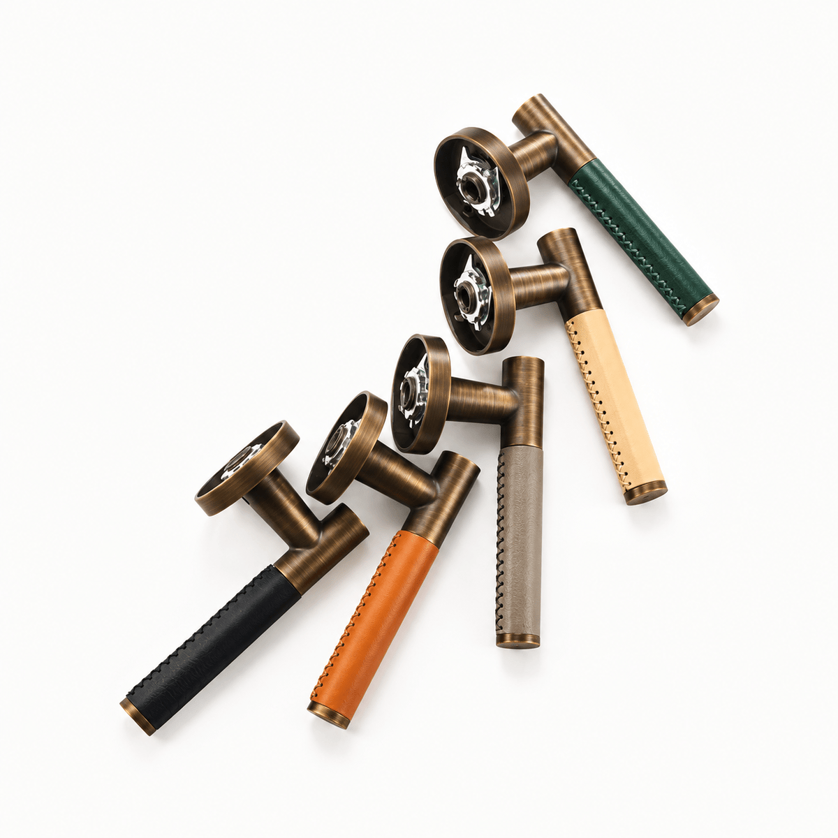 Solid Antique Brass & Black Leather Door Lever – Cavallo Collection - Bergamo Design