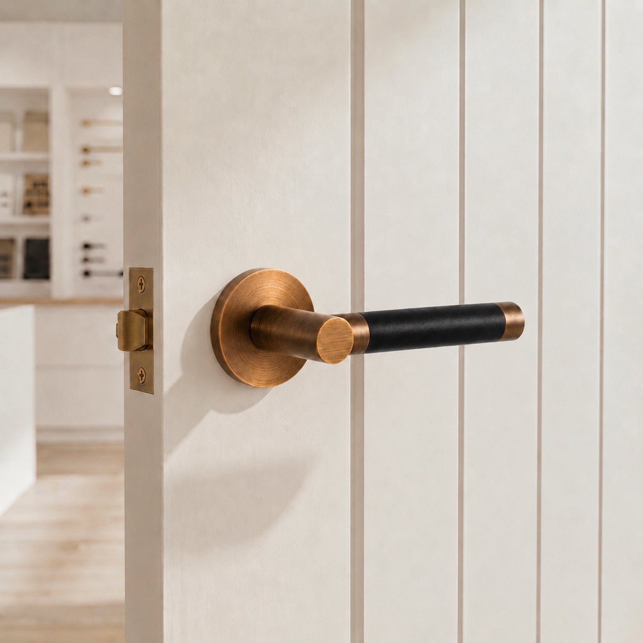 Solid Antique Brass & Black Leather Door Lever – Cavallo Piatto Collection - Bergamo Design