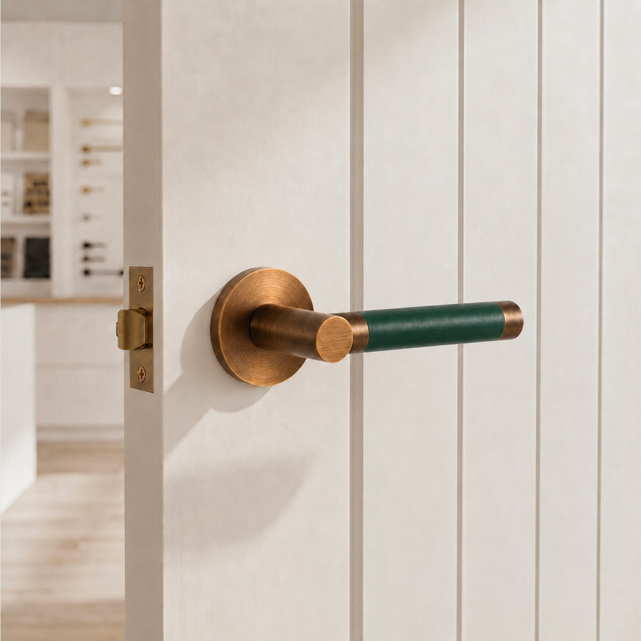 Solid Antique Brass & Green Leather Door Lever – Cavallo Piatto Collection - Bergamo Design