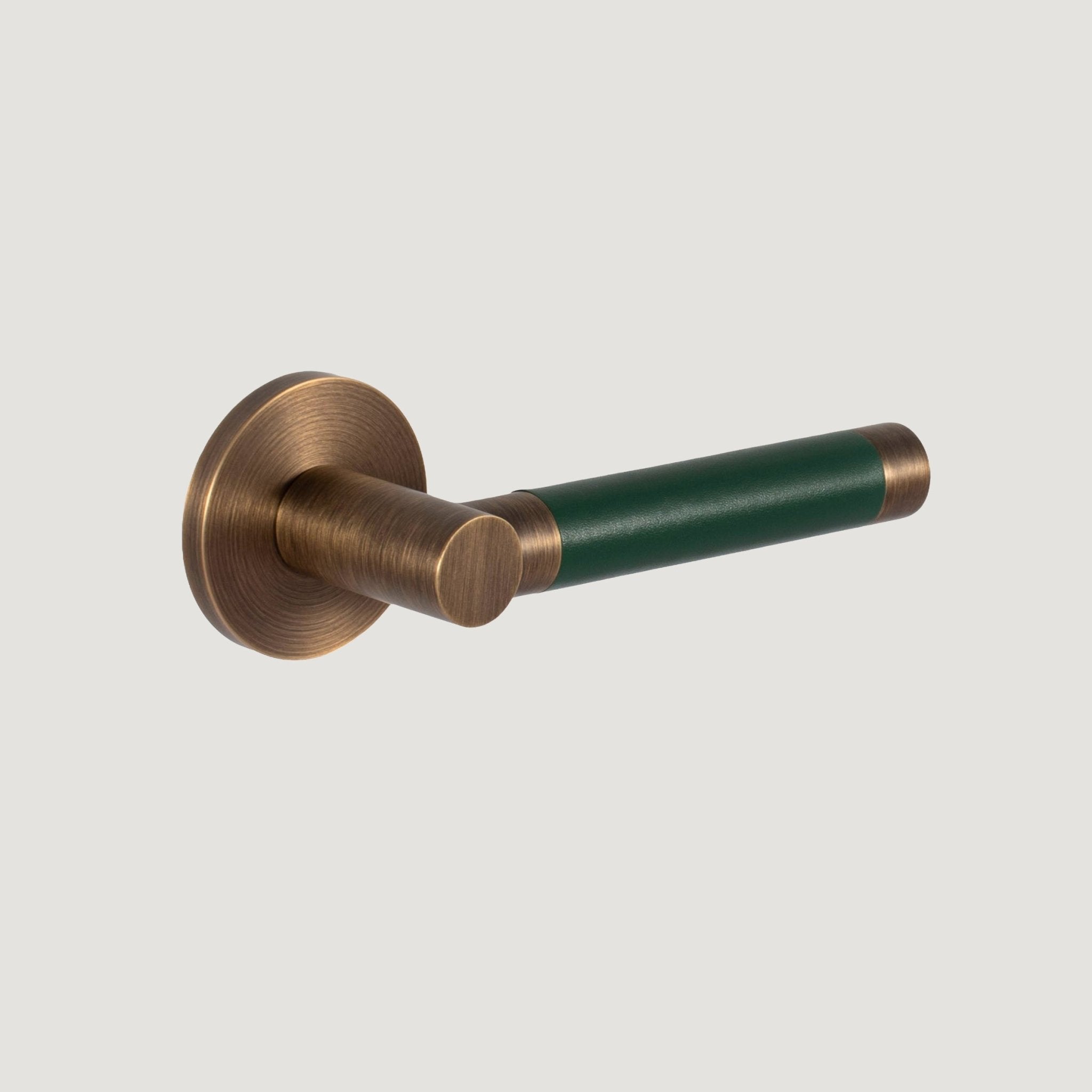 Solid Antique Brass & Green Leather Door Lever – Cavallo Piatto Collection - Bergamo Design
