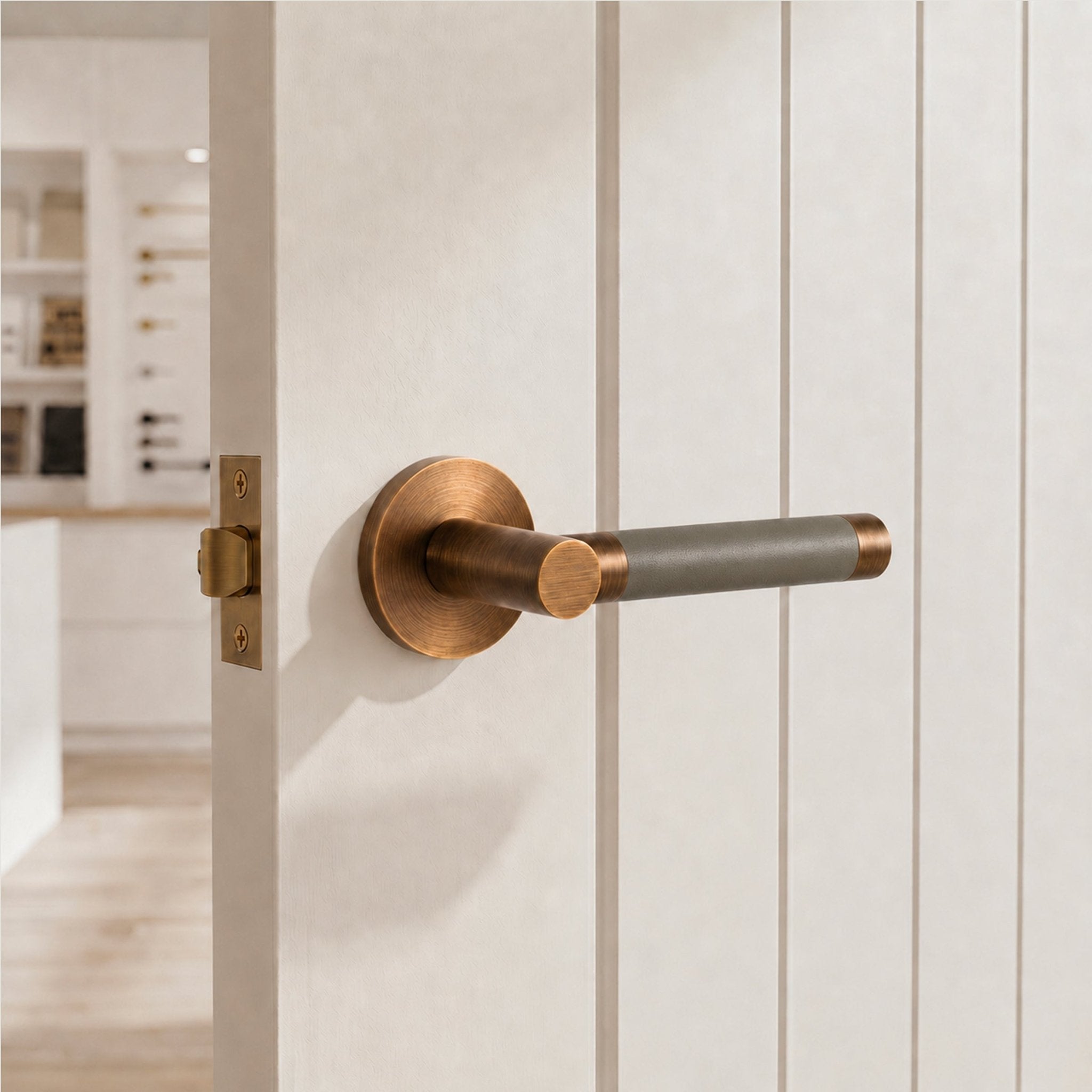 Solid Antique Brass & Grey Leather Door Lever – Cavallo Piatto Collection - Bergamo Design