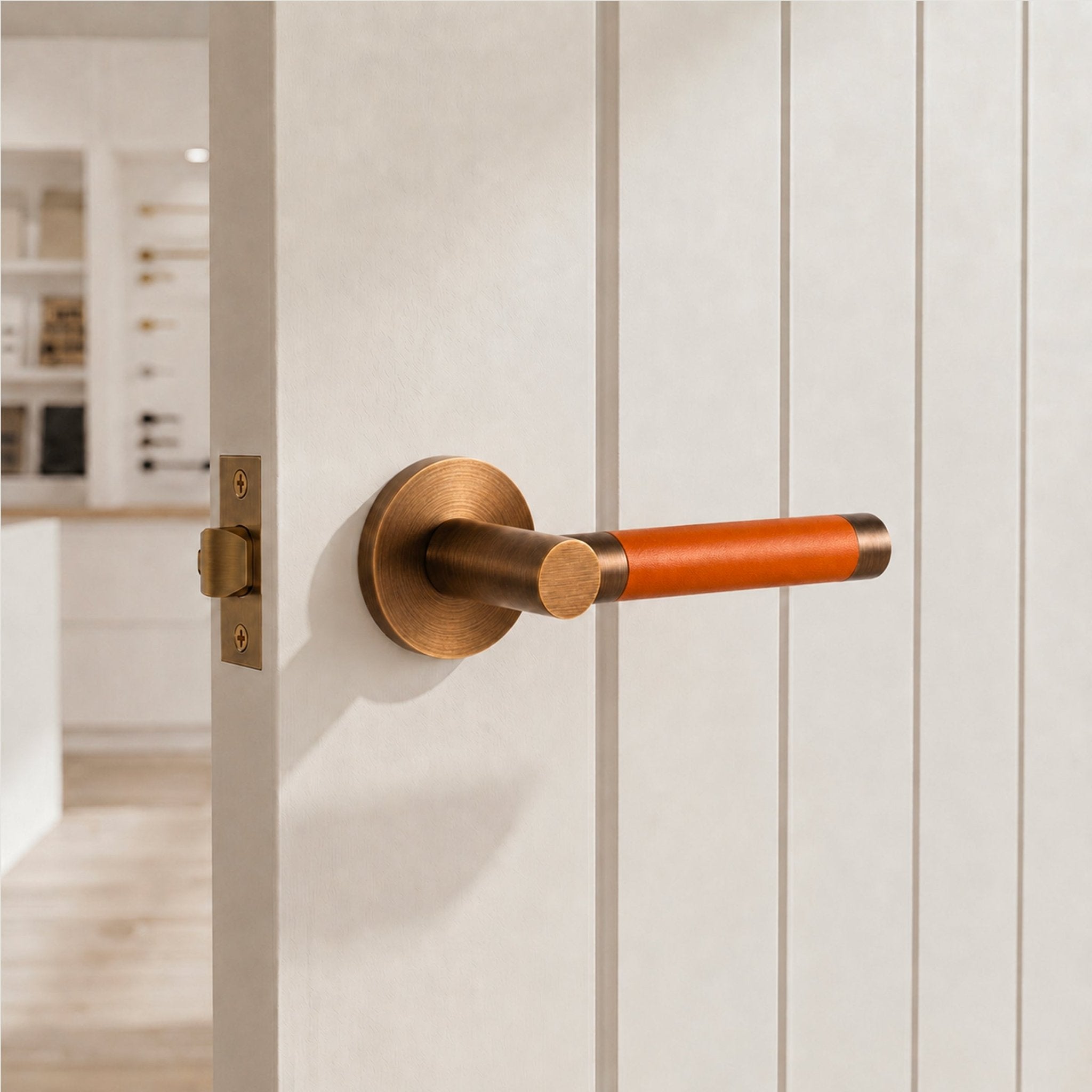 Solid Antique Brass & Orange Leather Door Lever – Cavallo Piatto Collection - Bergamo Design