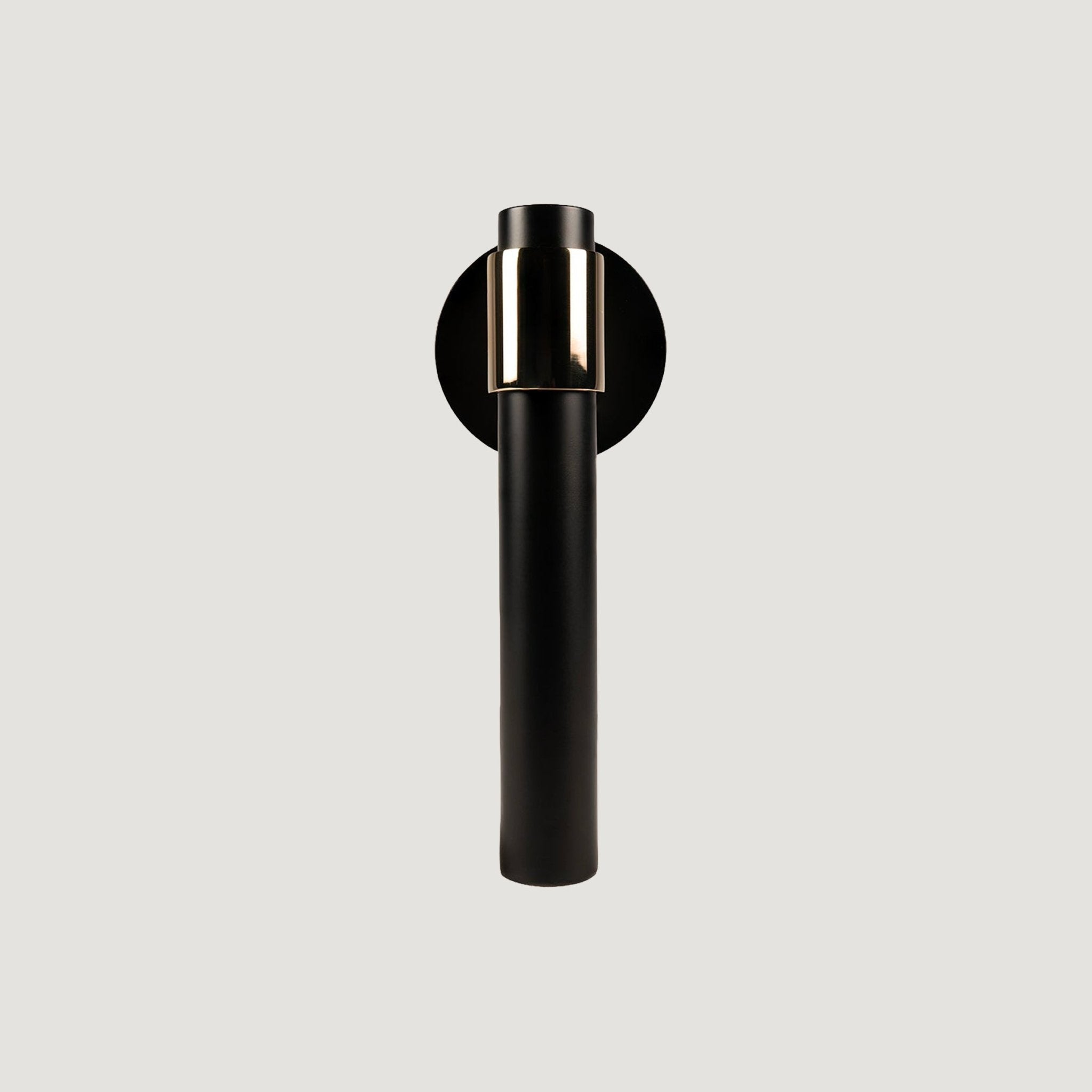 Duale solid brass door lever with cylindrical grip, stepped neck and substantial flat rose — Matte Black with Polished Brass ring, Bergamo Design