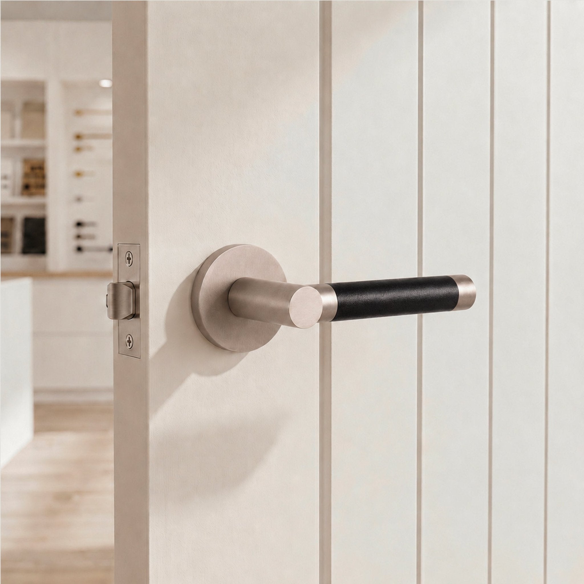 Solid Nickel & Black Leather Door Lever – Cavallo Piatto Collection - Bergamo Design