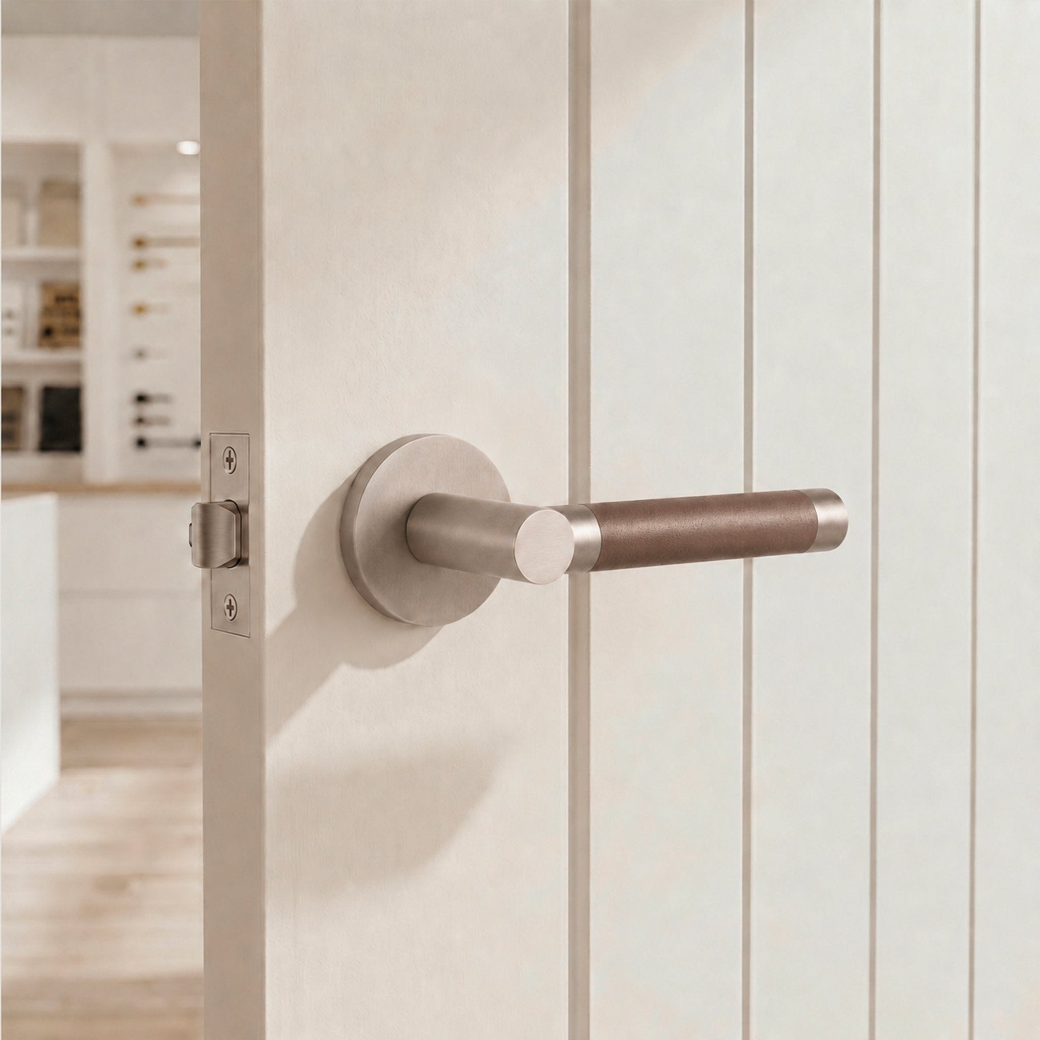 Solid Nickel & Grey Leather Door Lever – Cavallo Piatto Collection - Bergamo Design