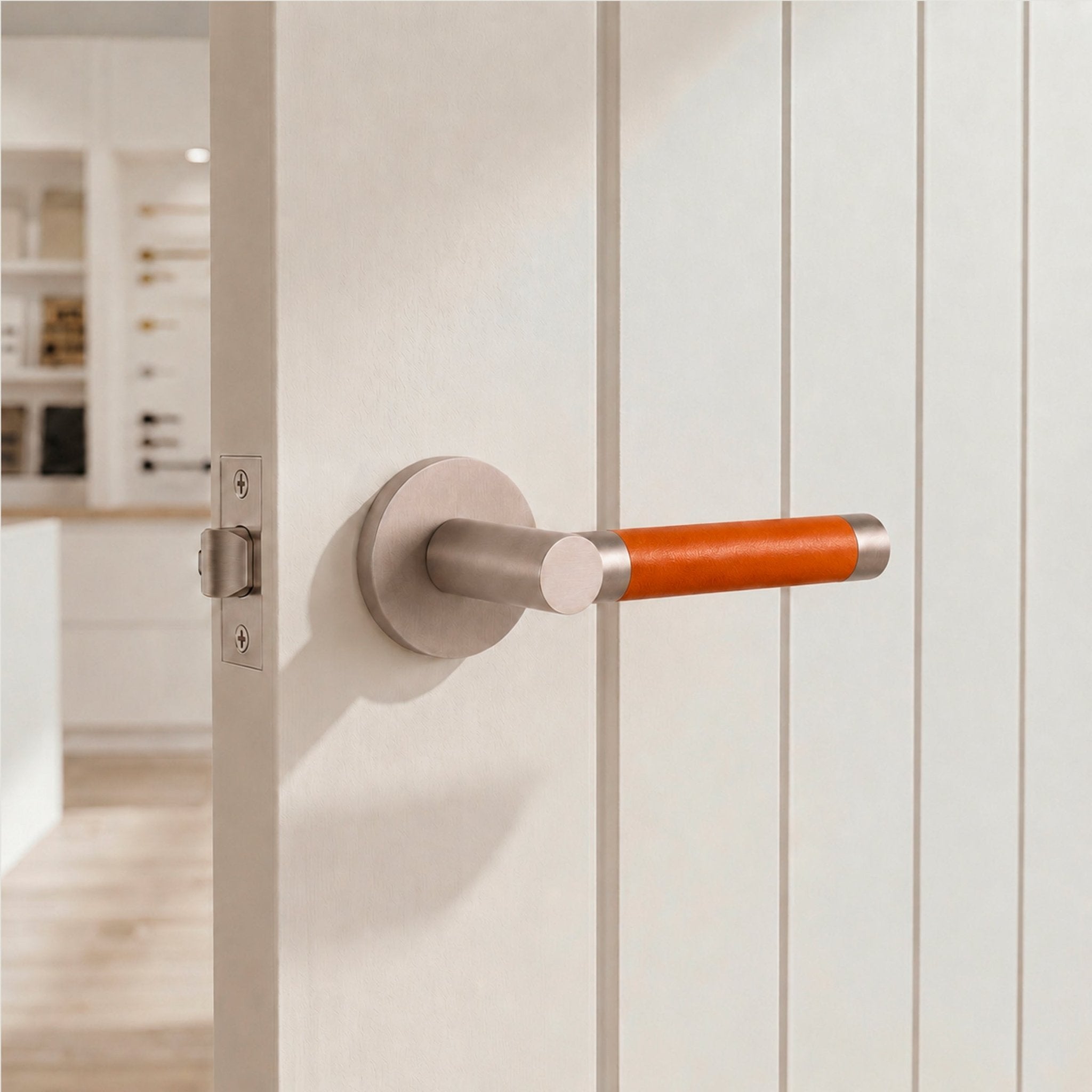 Solid Nickel & Orange Leather Door Lever – Cavallo Piatto Collection - Bergamo Design