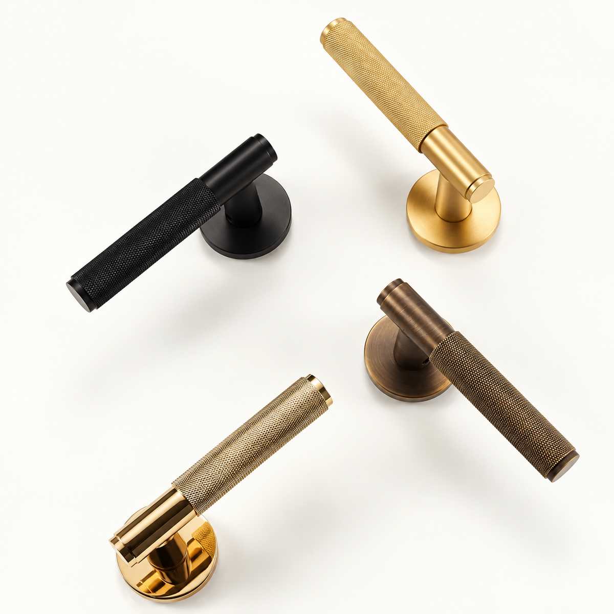 Trama knurled door levers in black, brushed brass, antique brass and polished brass