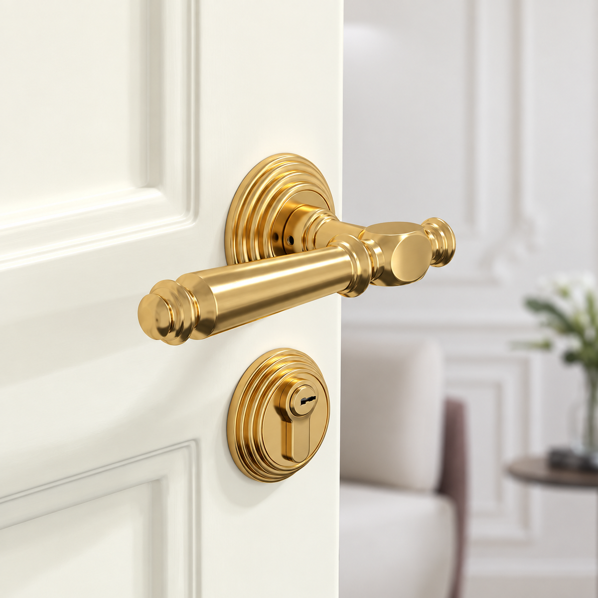 Vincero polished brass door lever and escutcheon on a white door